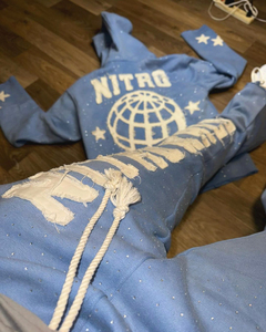 ชุดวอร์มมีฮู้ดแบบสวมหัวมีฮู้ดแบบสวมหัวสีพื้นชุดวอร์มเสื้อฮู้ดประดับพลอยเทียมสีล้วนแนววินเทจ - Product Image 3