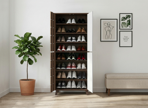Étagère à chaussures contemporaine de luxe à 8 niveaux, démontable, SC603, noyer colombien, panneau de particules blanc, armoire à chaussures, entrée de la maison, salon - Product Image 2