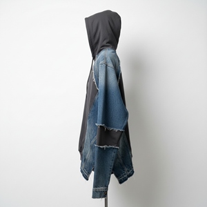 Sweat-shirt à capuche en molleton respirant et écologique pour homme, patchwork en coton, ourlet brut, broderie usée, coupe ample, pull-over - Product Image 3