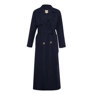 Manteau long en laine bleu marine pour femme, à double boutonnage, avec garniture en fourrure - Product Image 1