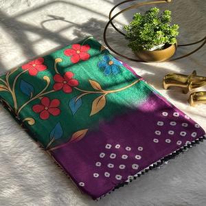 Sari Indio de Seda Makhmali Suave para Mujer, Hermoso Kalmakari con Borde de Encaje Samosa Plateado Bandhani - Product Image 1