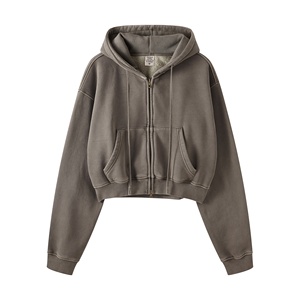 360 grammes polaire fermeture éclair coton fait à capuche femmes mode sweats à capuche fermeture éclair veste couleur unie teint tenue décontracté sweats à capuche courts - Product Image 4