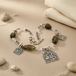 Collier classique tendance en argent avec pendentifs en pierre précieuse d'agate verte, cadeau religieux pour femmes, fabriqué en jade et en laiton - Product Image 2