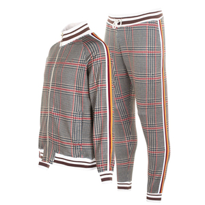 Unisex Plaid Tracksuit Full Length Half-<b>Zip</b> Jacket With Drawstring Pants Casual Autumn Wear Polyester Cotton Blend Regular Fit - Product Image 1
