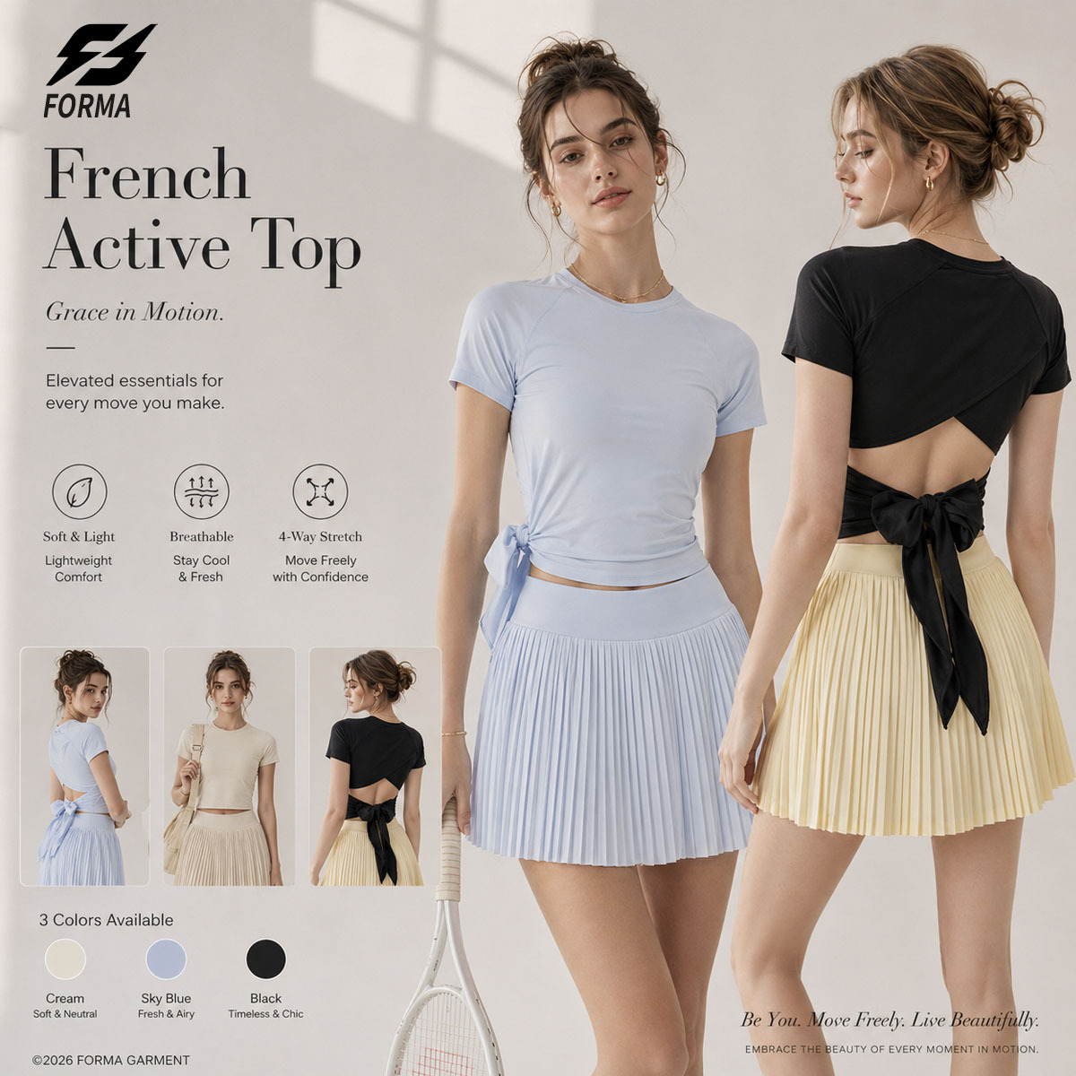 Women Backless Bow Front Logo Tie Active Top Slim Fit French Style Yoga Gym T-Shirt OEM
