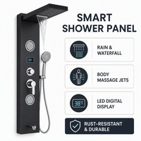 Panneau de douche mural moderne en acier inoxydable avec affichage LED carré, jet de pluie et douchette à main massante