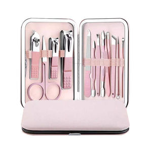 Venta caliente Juego de manicura Kit de pedicura profesional de acero inoxidable sostenible Tijeras de uñas Kit DE ASEO con estuche de cuero rosa - Product Image 1