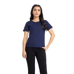 Sıcak satış Unisex lacivert nervürlü pamuk Slim Fit O boyun T shirt satılık kadınlar şık nefes T shirt düşük adedi