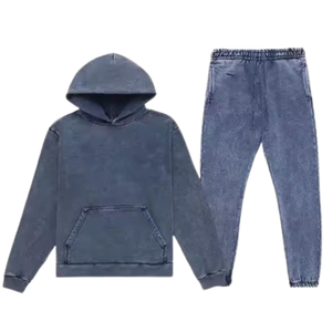 Blue <b>Grey</b> Acid Washed Hoodie Tracksuit <b>Men</b> Vintage Fleece Pullover <b>Sweatshirt</b> Jogger Pants Set Casual Streetwear Winter Outfit - Product Image 2