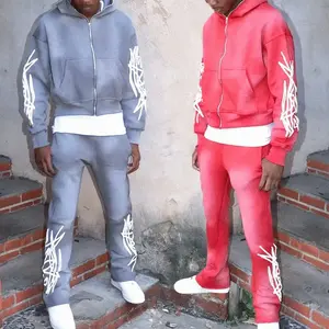 Ensemble de survêtements pour hommes en gros Jogging Lourd Soleil Délavé Baggy Pantalon de survêtement droit Lavage à l'acide Sweat à capuche Soleil Délavé Costumes de survêtement évasés - Product Image 3