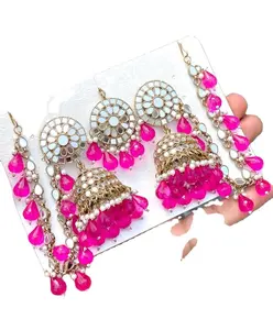 Kundan & Pearls Earrings Pearls Gold Plated High Quality Mangtika Set with Chandbali Earring for Wedding Look For Girls