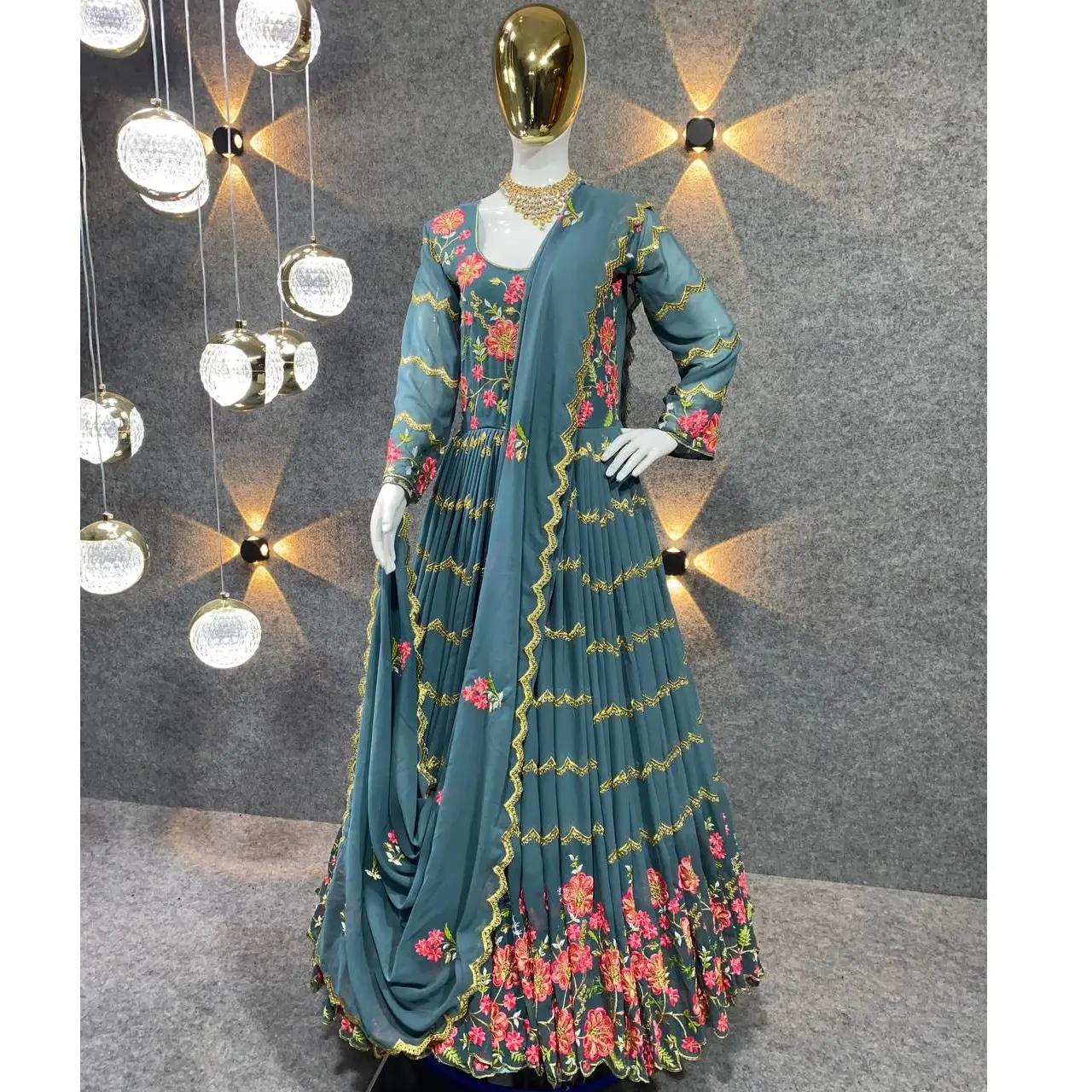 भारतीय भारी शुद्ध Georgette कढ़ाई और अनुक्रम काम पूर्ण आस्तीन लंबी गाउन अनारकली सलवार सूट पोशाक के साथ दुपट्टा