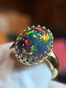 แหวนหมั้นวินเทจเงินแท้ 925 ชุบทอง ประดับโอปอลดำธรรมชาติจากเอธิโอเปีย คุณภาพ AA พร้อมพลอยอินเดีย - Product Image 5