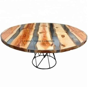 Table polie brillante de couleur argentée décorative de cadre d'acier inoxydable de cadre en métal Tableau époxyde acrylique de forme ronde avec le dessus en bois - Product Image 5