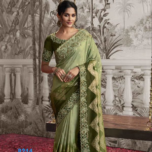 ผ้าส่าหรีผ้าไหมแบบดั้งเดิมดีไซน์เนอร์ประดับมุกหินแท้ปักขอบ zari สำหรับงานแต่งงานและงานปาร์ตี้ - Product Image 1