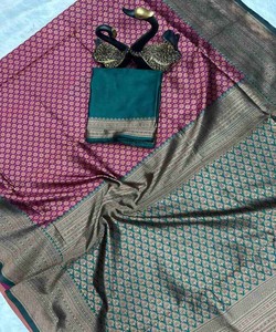 DERNIÈRE LICHI SOIE BIOLOGIQUE BANARASI SAREE AVEC CHEMISIER NON COUDU VÊTEMENT DE MARIAGE PRIX DE GROS VÊTEMENT ETHNIQUE BANARASI SAREE - Product Image 2