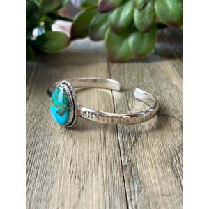Bracelet manchette en argent sterling 925 avec turquoise de Kingman du sud-ouest, serti en forme de goutte d'eau, style bohème, unisexe, unique, pour usage quotidien - Product Image 4