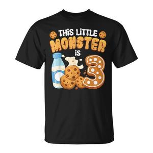 T-shirt per il terzo compleanno di un ragazzo/una ragazza con stampa 'Milk and Cookies', abbigliamento promozionale per il terzo compleanno di un piccolo mostro - Product Image 1