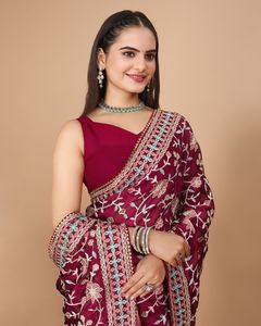 Saree en soie de Georgette de travail de broderie lourde de concepteur pour le festival de fête des femmes par FABZONE de haute qualité - Product Image 5