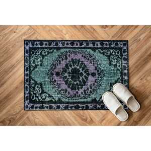 Tapis imprimé à motif médaillon vert, design ethnique persan turc, avec poils doux - Product Image 4