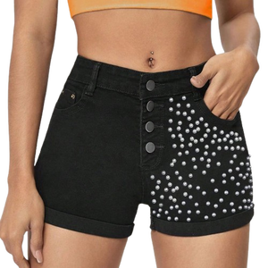 Nuevos diseños Pantalones cortos de mezclilla de talla grande con cuentas Pantalones cortos de mezclilla de secado rápido lavables de algodón originales Pantalones cortos de mezclilla de color sólido con estilo - Product Image 1