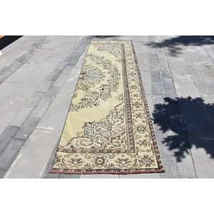 Alfombra de área de lana turca Vintage 3X9.6ft Beige Marrón Estilo clásico Diseño de retales Tejido plano Látex para decoraciones de sala de estar - Product Image 1