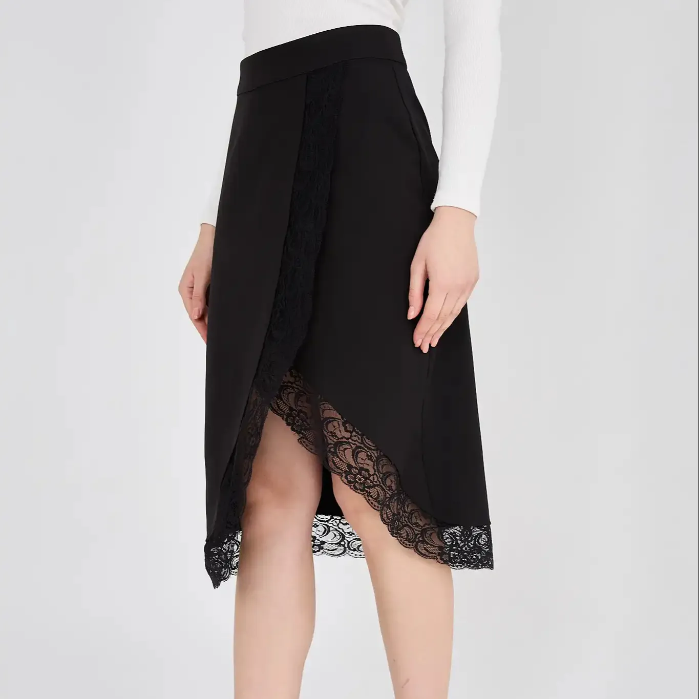 Falda MIDI con detalles de encaje negro para mujer, faldas de longitud MIDI, falda larga, cremallera elegante de color negro detallada para mujer