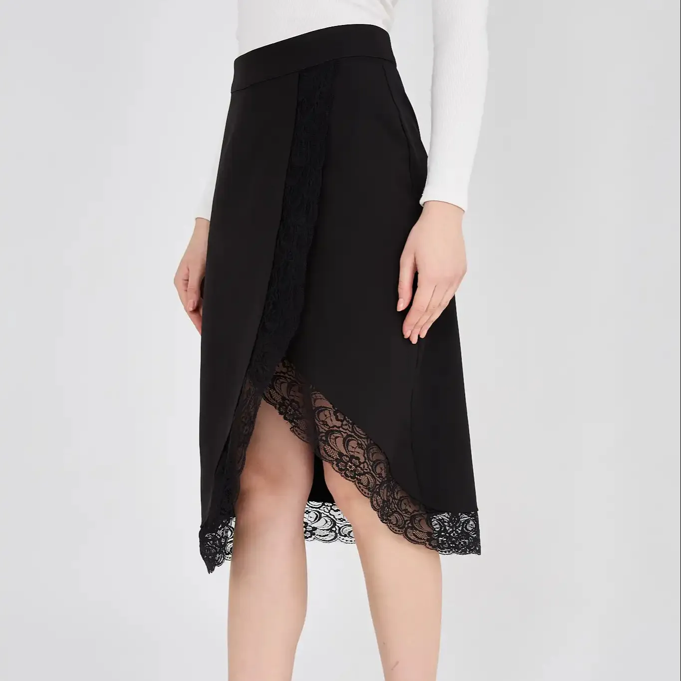 Dames Zwart Kant Gedetailleerde Midi Rok Midi Lengte Rokken Lange Rok Zwart Kleur Elegante Rits Gedetailleerd Voor Vrouwen