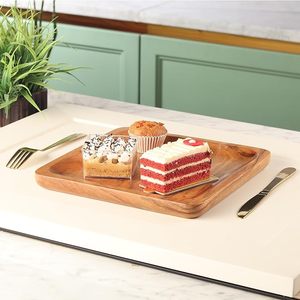 Juego de 4 platos de madera de acacia, platos de madera cuadrados para el almuerzo y la cena 10x10 pulgadas Tamaño de servicio grande a prueba de trituradores - Product Image 1