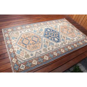 Alfombra Turca, Alfombra Vintage de 3.5x5.8 pies, Alfombra de Lana con Diseño de Plantas y Árboles Azules - Product Image 2