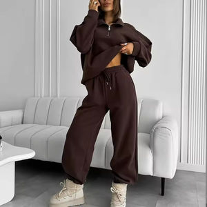 Ensemble deux pièces décontracté pour femme, automne-hiver 2026, sweat-shirt à col montant zippé et pantalon, couleur unie, tenue chaude - Product Image 1