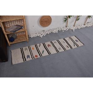 1.5x5.8 ft Vintage Traditional Turkish Moroccan Wool <b>Runner</b> Rug Eco-Friendly Patchwork Design with Latex Backing White & <b>Black</b> - Product Image 4