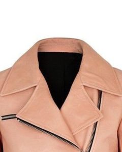 Veste de motard en cuir pêche pour femme avec fermeture éclair asymétrique, ceinture à la taille, coupe ajustée, élégante, vêtements de moto, vêtements de mode - Product Image 4