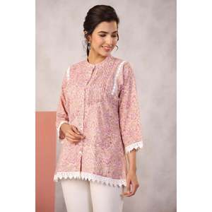 Kurta Corta Beige con Estampado a Mano para Mujer - Product Image 3