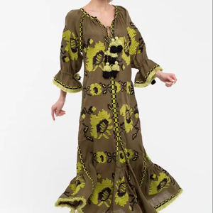 High Quality <b>Women's</b> <b>Kaftan</b> Maxi Dress Floral-Print Woven Cotton <b>for</b> Beach Parties Indian Style Summer & Autumn Wear - Product Image 1