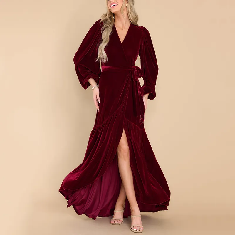 Best Sale Absolute Treasure Burgundy Velvet Maxi Dress True-Wrap Style Skirt Fashionable And Elegant Dresses