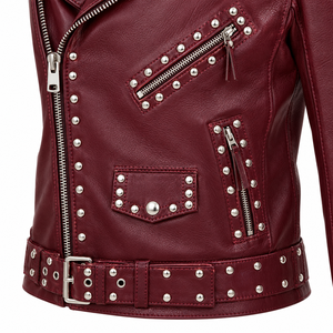 Veste de motard en cuir véritable bordeaux pour homme, courte, avec rivets et fermeture éclair - Product Image 4