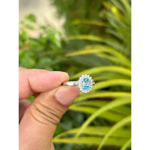 925 <b>Silver</b> Blue Topaz <b>Statement</b> <b>Ring</b> Oval Cut Gemstone Geometric Pattern Engagement IGI Certified Rhodium Plated - Product Image 3