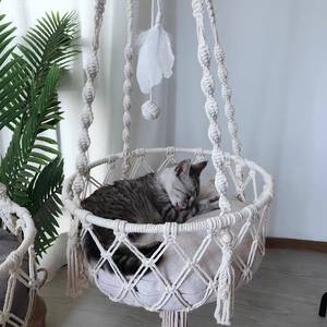 Premium chat hamac lit en bois massif accessoires pour animaux de compagnie élégant macramé motif Animal chat lit hamac pour animaux de compagnie - Product Image 1
