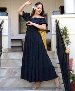 คอลเลคชั่นใหม่2024ชุดเดรสผ้าไหมสำหรับเด็กผู้หญิงชุดเดรสยาวแต่งระบายแขนสั้นเปิดไหล่ - Product Image 1