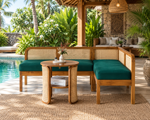 Wood Rattan Garden Sofa Set Corner <b>Bench</b> <b>Cushioned</b> <b>Outdoor</b> Lounge Seating Tropical Style Patio Furniture - Product Image 5