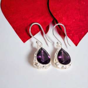 Top qualité violet améthyste pierre précieuse poire à facettes Vintage Baho solide 925 argent Sterling plaqué balancent goutte femmes fine boucle d'oreille - Product Image 4