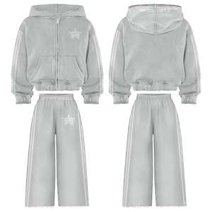 Custom Down Shoulder Zip up Sudaderas con capucha Conjunto de pantalones de chándal Vintage Desgastado Bordado Jogger Set Streetwear Hombres Chándales - Product Image 1