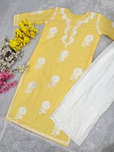 Nouveau haut en coton rayonne lourde de créateur avec point de Chine costume Palazzo de travail dames filles longue tenue de fête de mariage indienne traditionnelle - Product Image 5