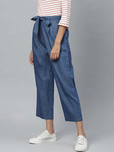 Culottes en jean bleu élégantes pour femmes, taille mi-haute, avec lien à nouer à la taille, confortables, décontractées, pour le quotidien, le bureau, les voyages - Product Image 2