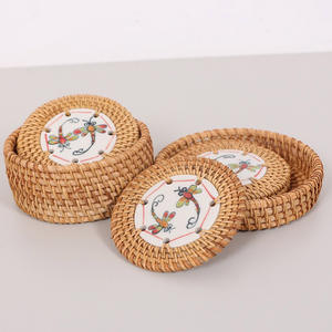 Luxury Dining Decor Rattan <b>Coasters</b> Top Selling Wicker <b>coaster</b> Set With Middle <b>Ceramic</b> Pad Custom logo - Product Image 2