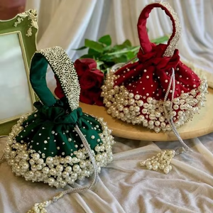 HANDMADE POTLI BAGS <b>EMBELLISHED</b> WITH CRYSTAL GLASS BEADS STONE PEARL , ZARDOZI WORK-2021 - Product Image 6