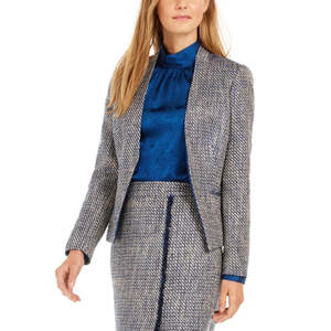 Blazer Asimmetrico da Donna Calvin Klein in Tweed con Stampa Scozzese, Tessuto di Lana Blu, Ricamato, Taglie 4-5, Corto e Lungo - Product Image 1