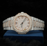 Montre automatique pour homme en acier inoxydable, style hip-hop, avec diamants taillés brillants, clarté VVS, fermoir caché à bouton-poussoir, cadran en verre