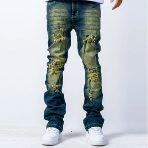 กางเกงทรงบานสำหรับผู้ชายกางเกงยีนส์ดีไซน์แบบเรียงซ้อนทาสีเอวกลาง - Product Image 1